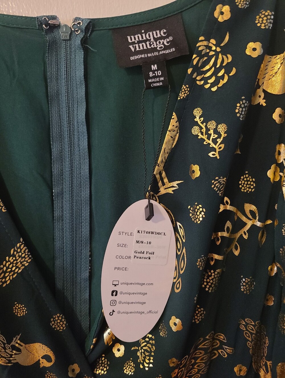 Unique Vintage Med Peacock gold foil maxi dress - Picture 3 of 6